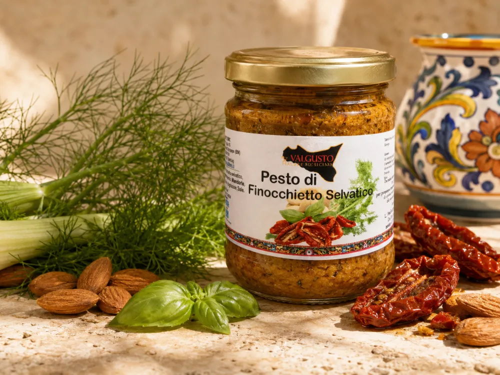 Vasetto di pesto di finocchietto selvatico Valgusto con mandorle e pomodori secchi